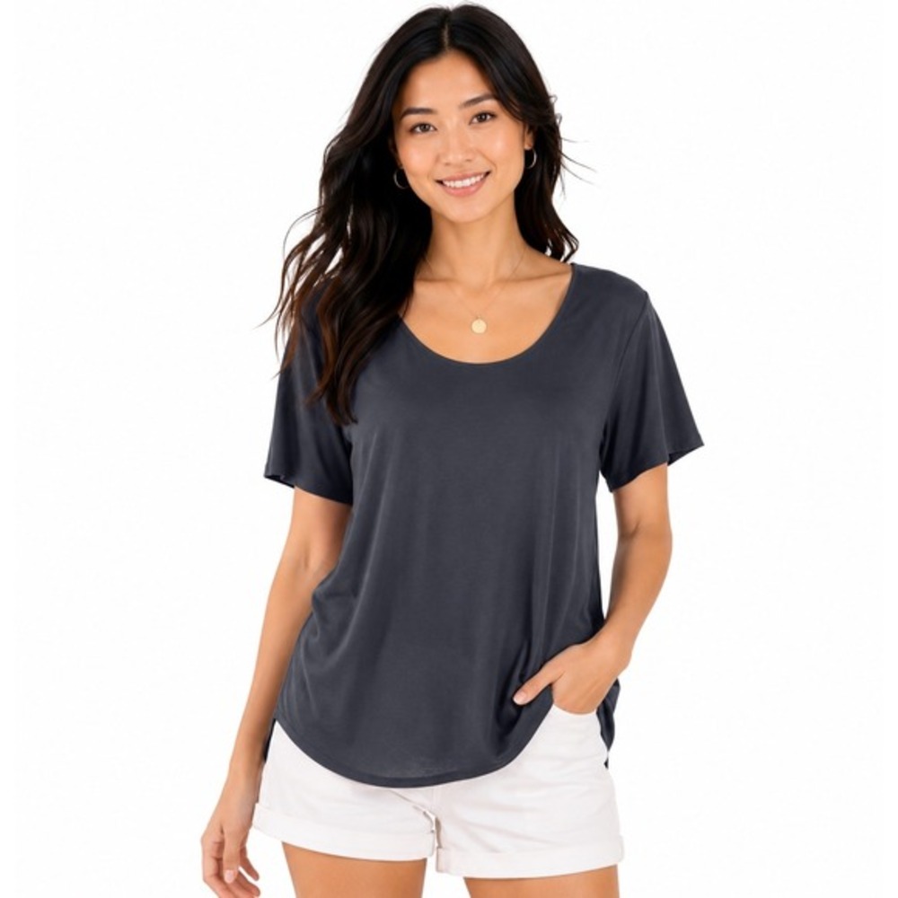 LOFT Indigo Blue Mixed Media Short Sleeve Scoop Neck Knit Woven Top S Chic 72-36